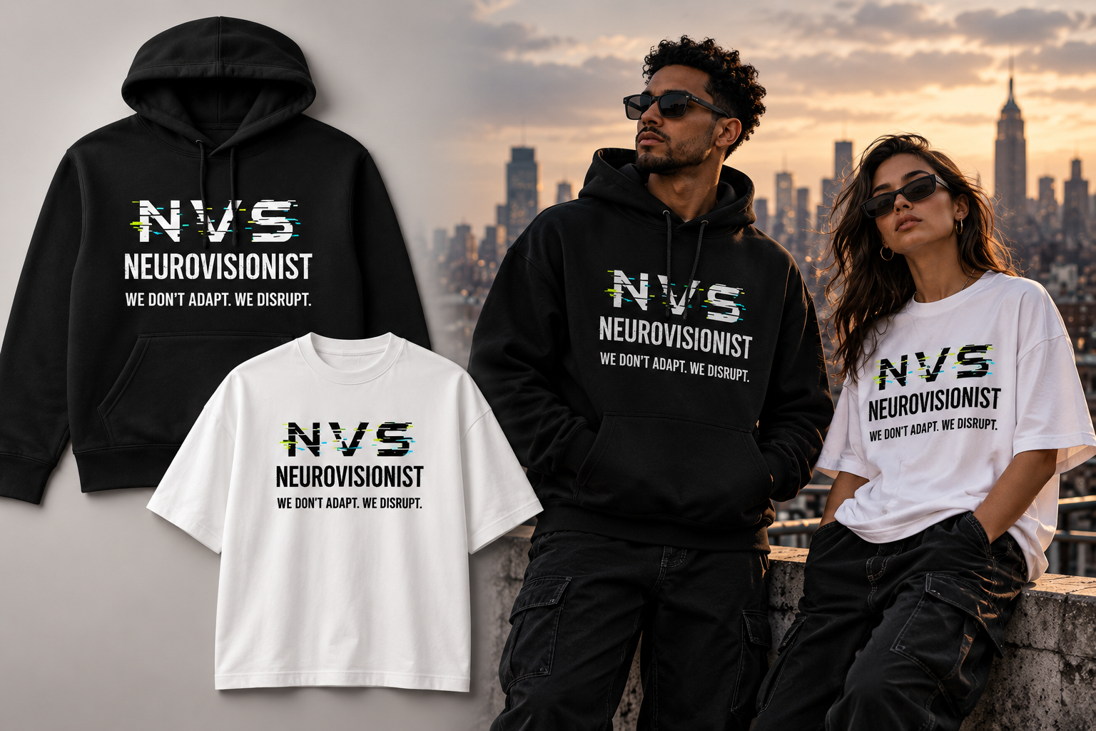 Neurovisionist streetwear campaign on a futuristic rooftop