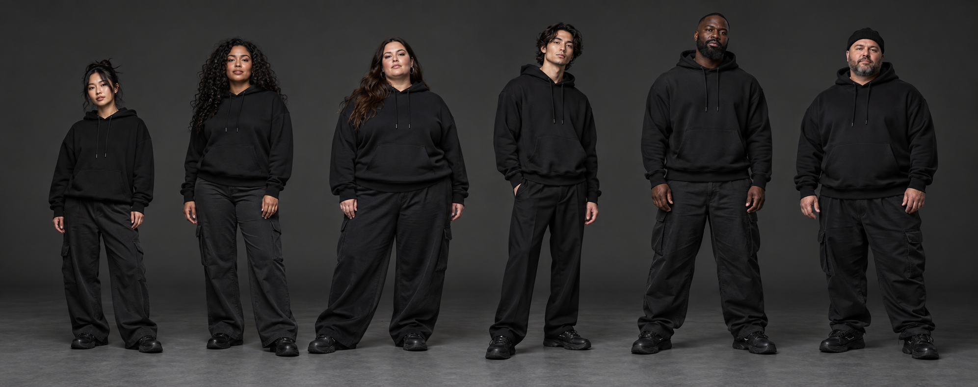 Diverse group of models in black streetwear